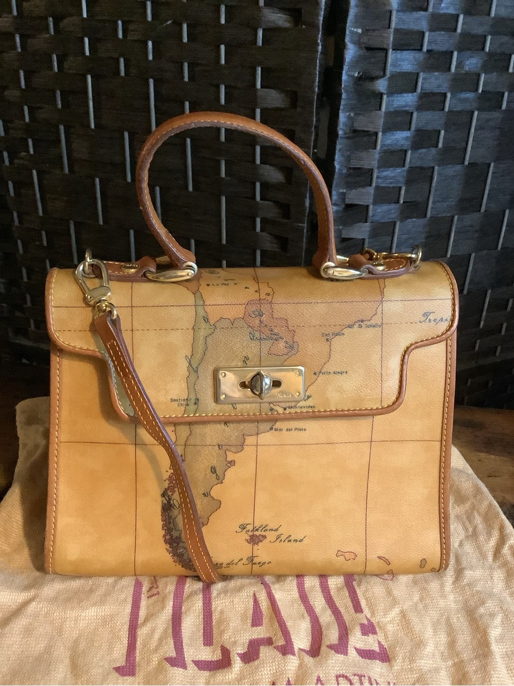 Alviero Martini Tan Map-Print Satchel with Gold Hardware Kelly